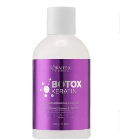 White bottle of Kormesic Botox Repairing Leave-In Conditioner with purple label, featuring keratin and argan oil for frizz control and hair repair.