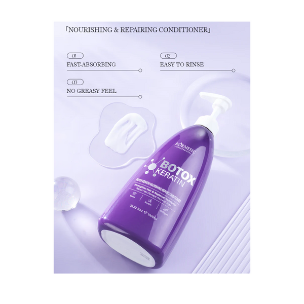 Purple pump bottle labeled 'Kormesic Botox Keratin Nourishing & Repairing Conditioner' with molecular graphics.
