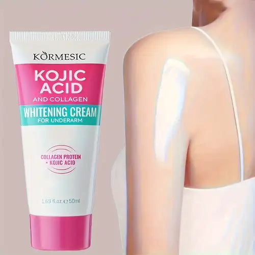 Kormesic Kojic Acid and Collagen Underarm Whitening Cream displayed with a towel, fresh flowers, and a skincare setting, highlighting its skin-brightening benefits