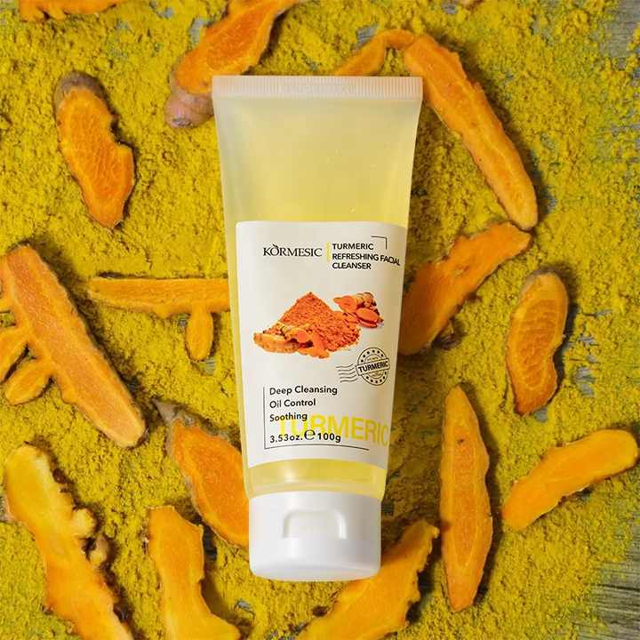 Tube of Kormesic Turmeric Refreshing Facial Cleanser, 100g, with yellow and white packaging, designed for deep cleansing and brightening skin