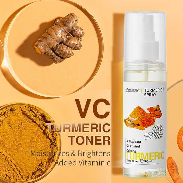 Kormesic Turmeric Toner Spray bottle – a natural skincare product featuring a sleek amber spray bottle with minimalist white label, designed to soothe and brighten skin using turmeric extract
