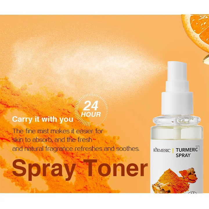 Glow-enhancing turmeric toner spray by Kormesic – vegan, cruelty-free formula in an elegant amber bottle, perfect for daily skin refreshment.