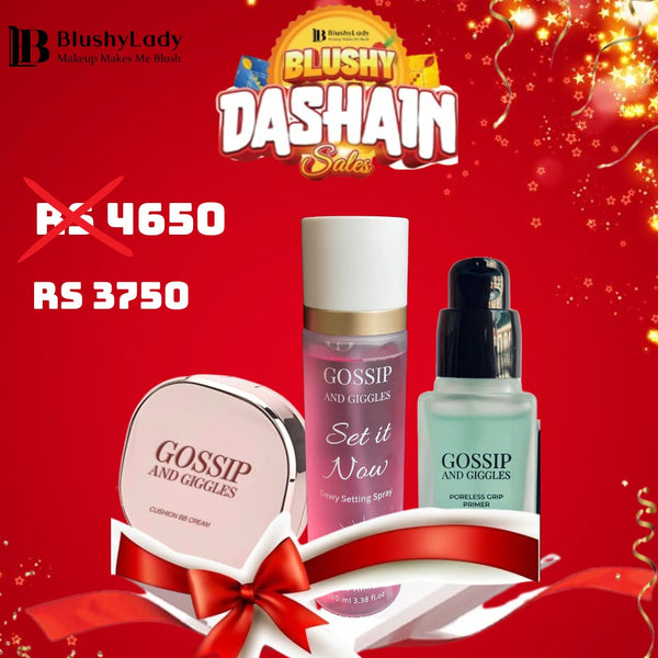 Dashain Combo Set ( Gossip And Giggles Cushion Foundations,Gossip And Giggles Set It Now Makeup Setting Spray:100 ML and Gossip And Giggles Poreless Blur + Grip Primer : 20 ML)