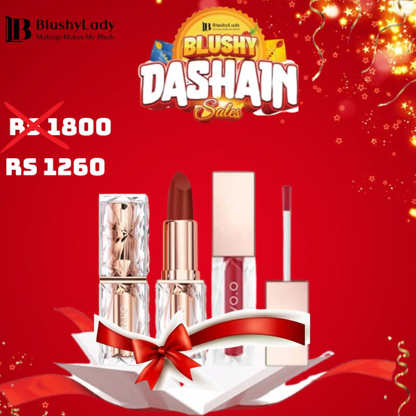 Dashain Combo Set (O.TWO.O Clear Crystal Berry Lip Gloss and O.TWO.O Velvet Matte Super Stay Lipstick )