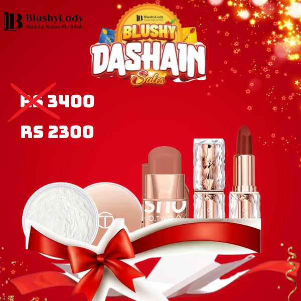 Dashain Combo Set  (O.TWO.O Air Setting Loose Powder,O.TWO.O Blush Stick and O.TWO.O Velvet Matte Super Stay Lipstick)