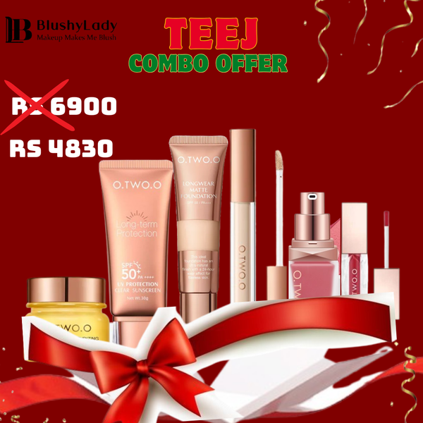 Combo Set (O.TWO.O Luxurious Moisturizing Face Base Cream,O.TWO.O Spf 50+ Superior Sunscreen,O.TWO.O High Coverage Long Lasting Liquid Concealer,O.TWO.O Natural and Reddish Liquid Blush,O.TWO.O Clear Crystal Berry Lip Gloss)